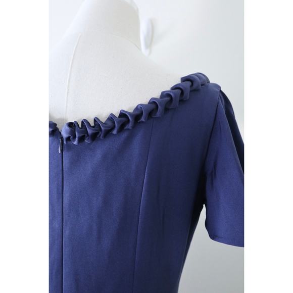 Roland Nivelais Size 6 100% Silk Sheath Cocktail Dress Pleated Hem Navy Blue - Picture 12 of 14